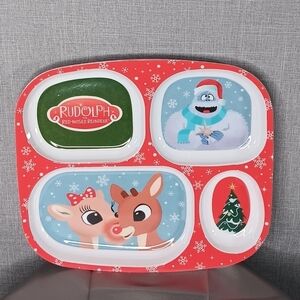 Rudolph Red Nosed Reindeer Plate Christmas Dot Bumble Red White Divided NEW